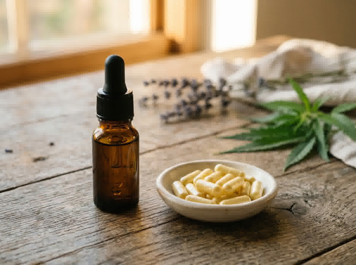 CBD Magnesium product image with capsules and bottle